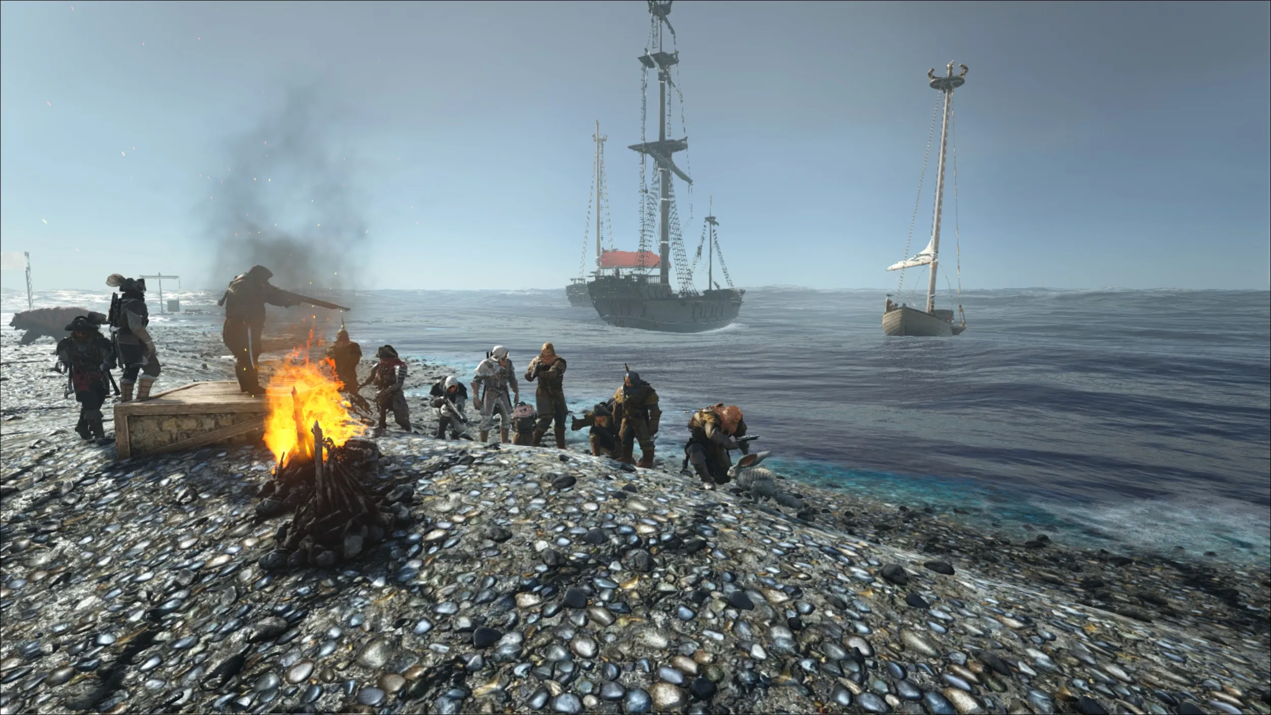 Fireside members around a campfire during a raid