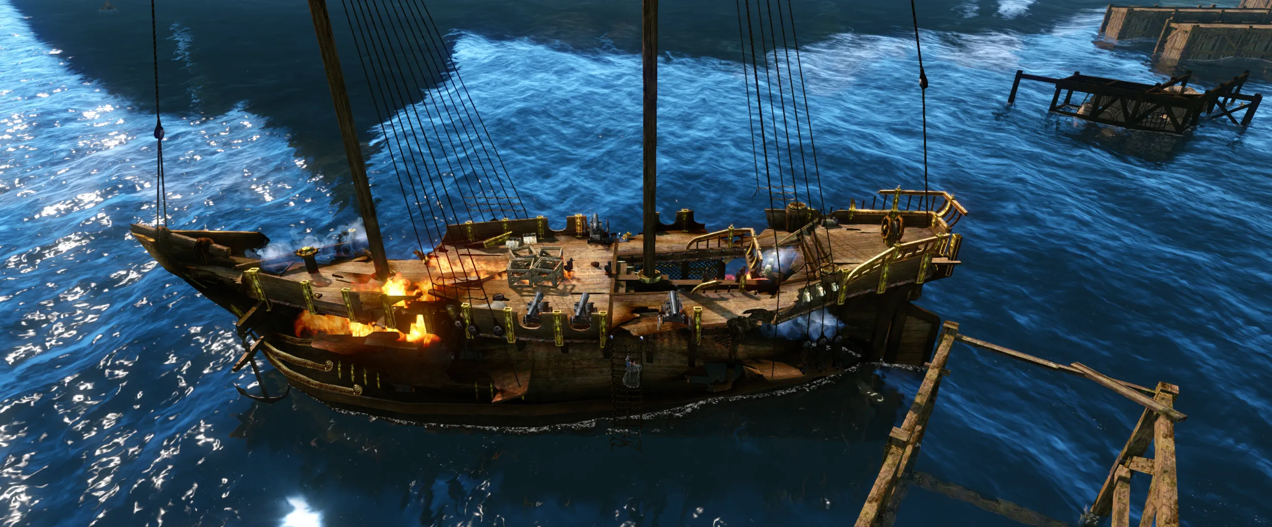 A ship on fire at the docks